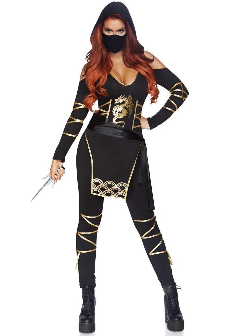 3042 3 Pc Stealth Ninja Costume with Hooded Cold Shoulder Catsuit LARGE